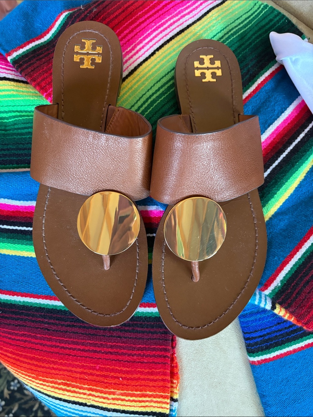 Tory Burch Brown Leather Sandal with Gold Disc Accent